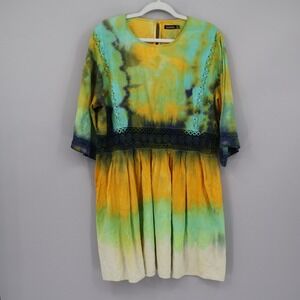 Boohoo Tie Dye Dress Womens 18 Yellow Crochet Detail Boho Hippie Casual Resort